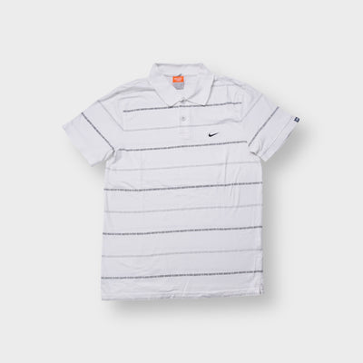 Nike polo shirt white with text pin stripes and small chest embroidered swoosh logo