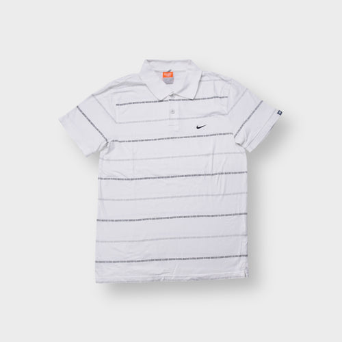 Nike polo shirt white with text pin stripes and small chest embroidered swoosh logo