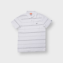 Load image into Gallery viewer, Nike polo shirt white with text pin stripes and small chest embroidered swoosh logo