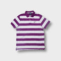 Nike polo shirt in purple and white stripes with small black swoosh on chest