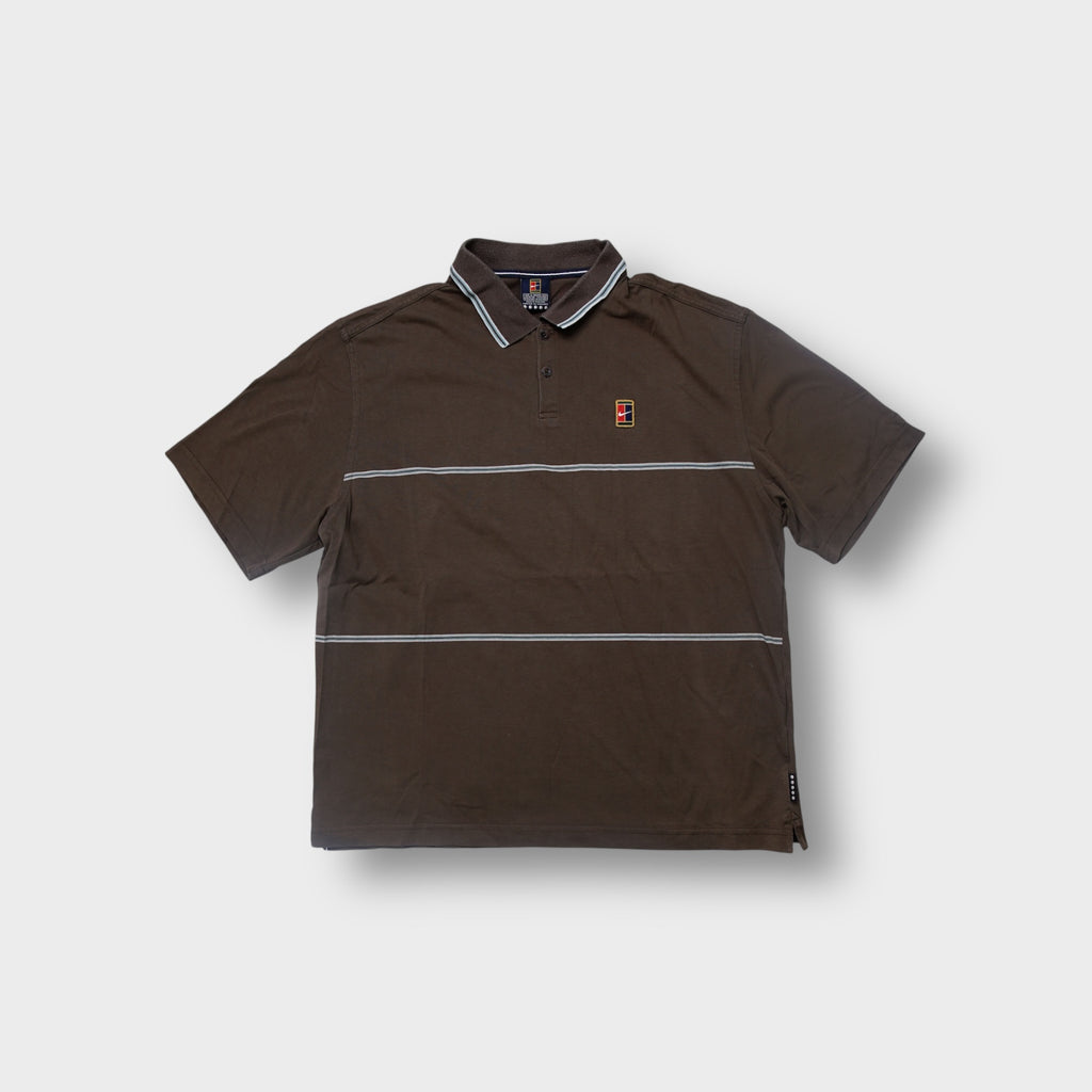 Nike Court polo shirt in brown with embroidered tennis court logo on the chest