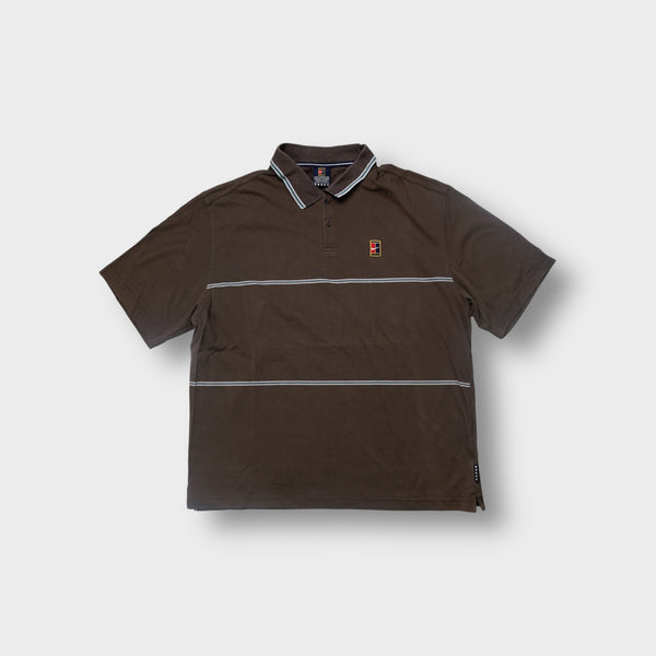 Nike Court polo shirt in brown with embroidered tennis court logo on the chest