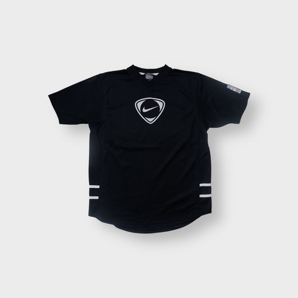 Nike T-Shirt in black featuring a white central swoosh crest logo and V-neck line.