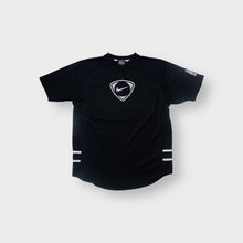Load image into Gallery viewer, Nike T-Shirt in black featuring a white central swoosh crest logo and V-neck line.