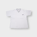 Nike white V-neck T-Shirt with embroidered swoosh logo on chest and navy collar trim