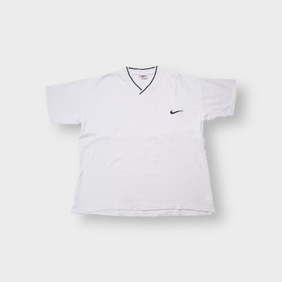 Nike white V-neck T-Shirt with embroidered swoosh logo on chest and navy collar trim