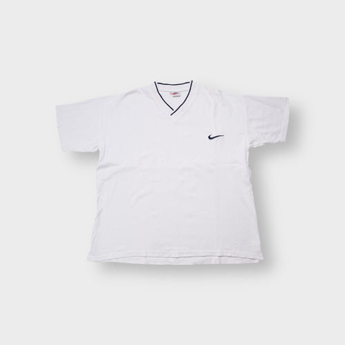 Nike white V-neck T-Shirt with embroidered swoosh logo on chest and navy collar trim