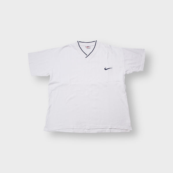 Nike white V-neck T-Shirt with embroidered swoosh logo on chest and navy collar trim