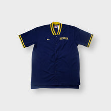 Load image into Gallery viewer, Nike short-sleeve jersey in navy with yellow ribbed collar and embroidered Michigan logo