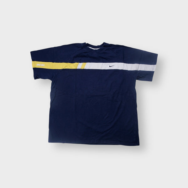 Nike T-Shirt in blue featuring a white and yellow chest stripe with a swoosh logo