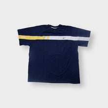 Lade das Bild in den Galerie-Viewer, Nike T-Shirt in blue featuring a white and yellow chest stripe with a swoosh logo