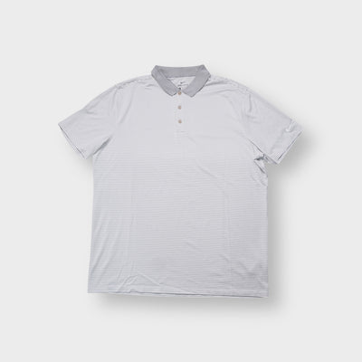 Nike polo shirt in grey and white stripes with embroidered swoosh logo on the sleeve