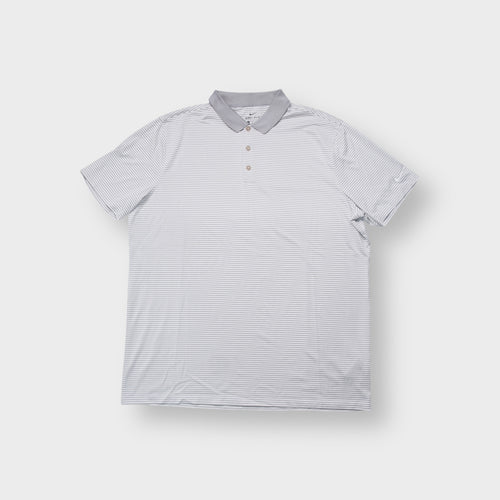 Nike polo shirt in grey and white stripes with embroidered swoosh logo on the sleeve