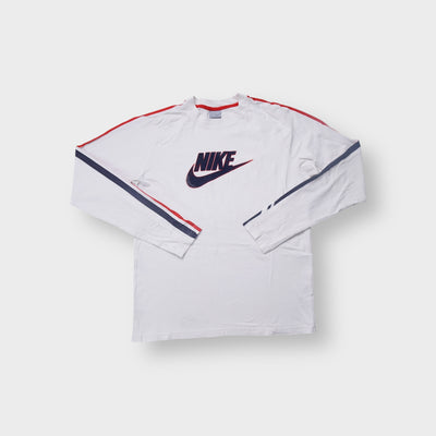 Nike long-sleeve T-Shirt in white with chest logo print and red and navy sleeve stripes