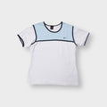 Nike short-sleeve T-Shirt in white and light blue with a small embroidered chest Swoosh.