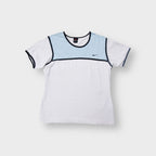 Nike short-sleeve T-Shirt in white and light blue with a small embroidered chest Swoosh.
