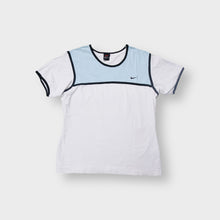 Load image into Gallery viewer, Nike short-sleeve T-Shirt in white and light blue with a small embroidered chest Swoosh.