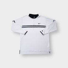 Lade das Bild in den Galerie-Viewer, Nike polo shirt in white with navy chest stripes, half-zip neck, and embroidered swoosh