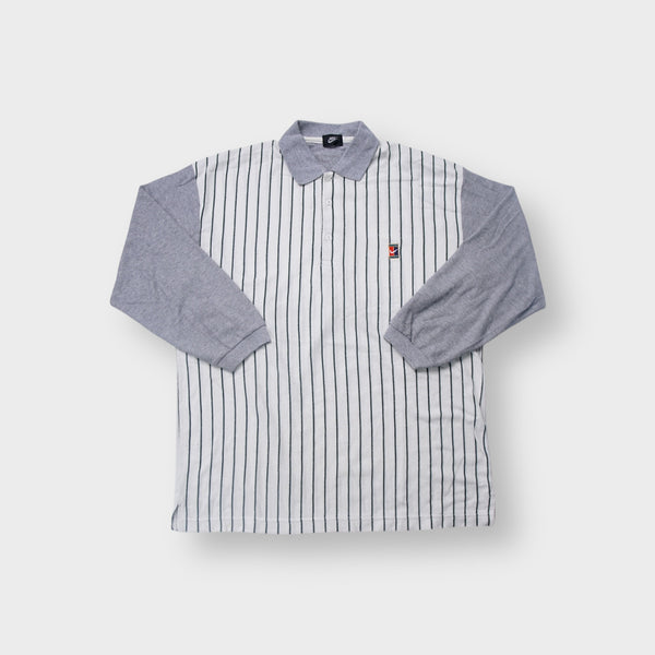 Nike polo shirt in white and grey with pinstripes and embroidered Challenge Court chest logo