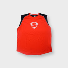 Load image into Gallery viewer, Nike tank top in red and black with a white swoosh logo inside a shield graphic on the chest