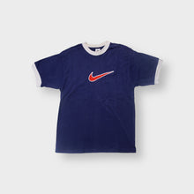 Load image into Gallery viewer, Nike T-Shirt in blue and white with a central embroidered red swoosh patch