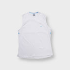 Nike tank top in white with a small light blue embroidered Swoosh on the chest