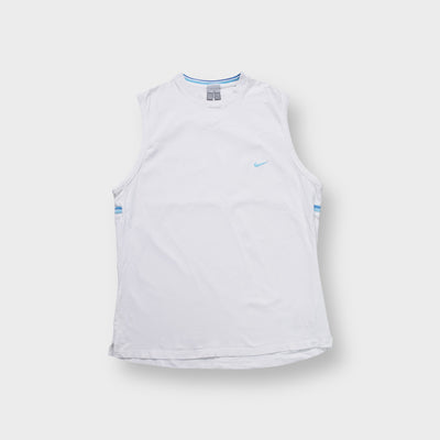 Nike tank top in white with a small light blue embroidered Swoosh on the chest
