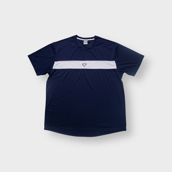 Nike T-Shirt in navy and white featuring a central crest logo on a chest stripe.