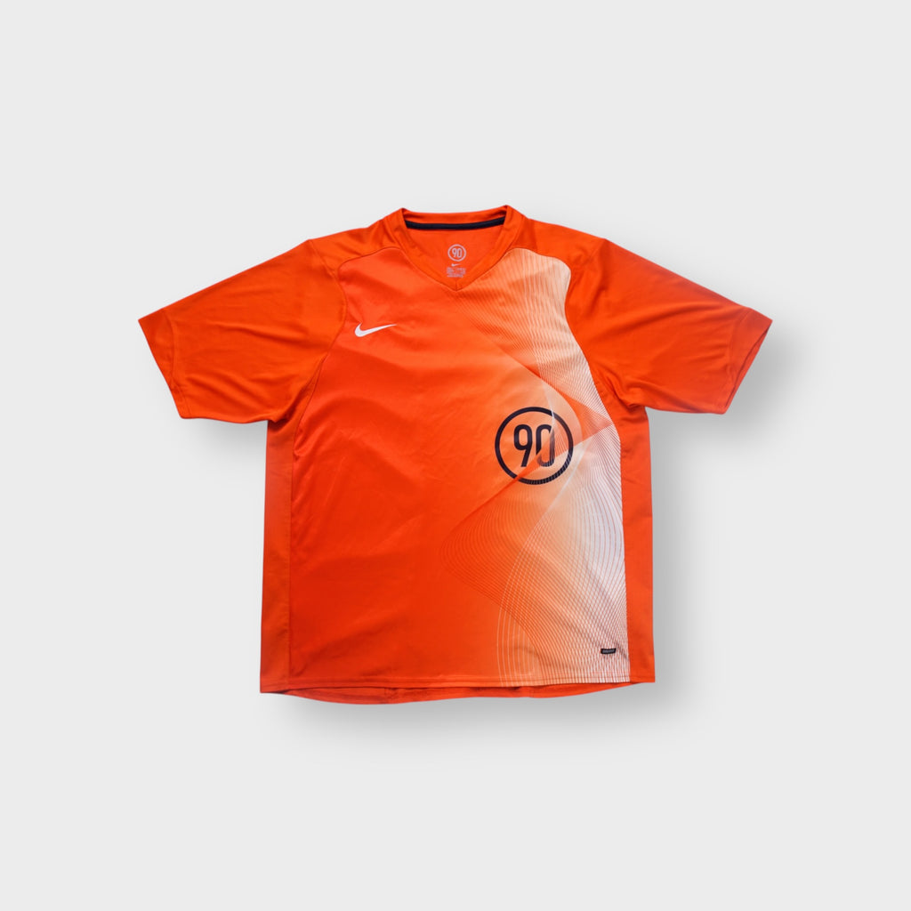 Nike T-Shirt in orange with circled Total 90 graphic print and Swoosh logo