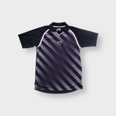 Nike polo shirt in black and grey with diagonal stripes and center embroidered logo