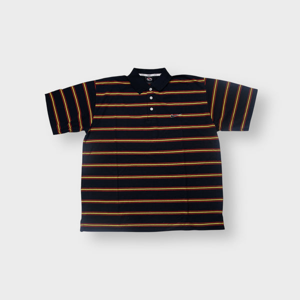 Nike polo shirt in black and yellow striped fabric with small chest swoosh embroidery