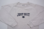 Nike sweater in grey featuring navy Just Do It embroidery and Swoosh patch, full view