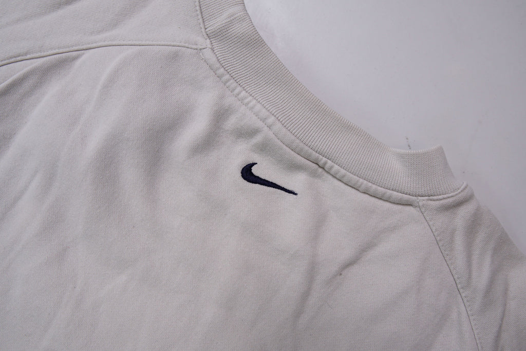 Nike sweater in grey featuring navy Just Do It embroidery and Swoosh patch, detail 2