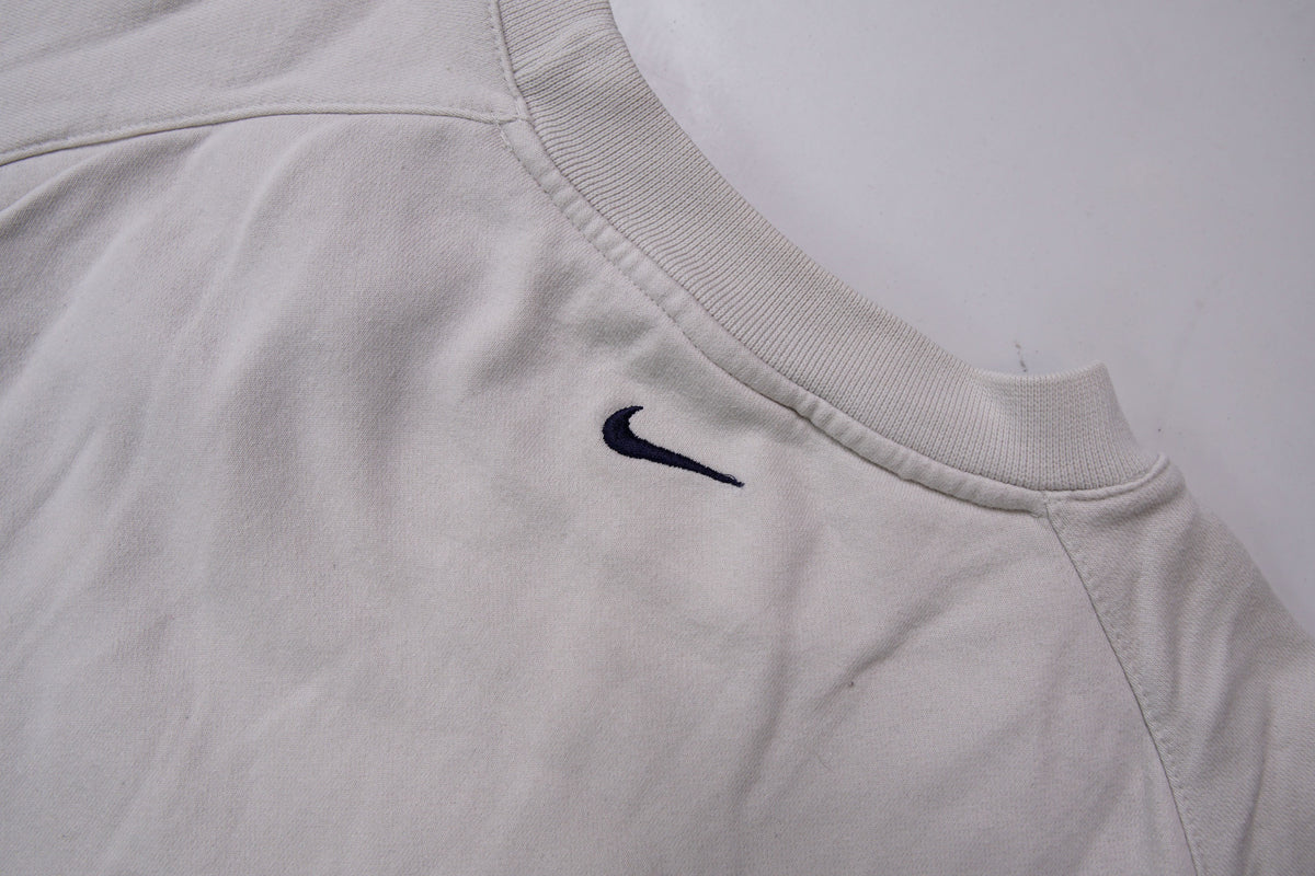 Nike sweater in grey featuring navy Just Do It embroidery and Swoosh patch, detail 2