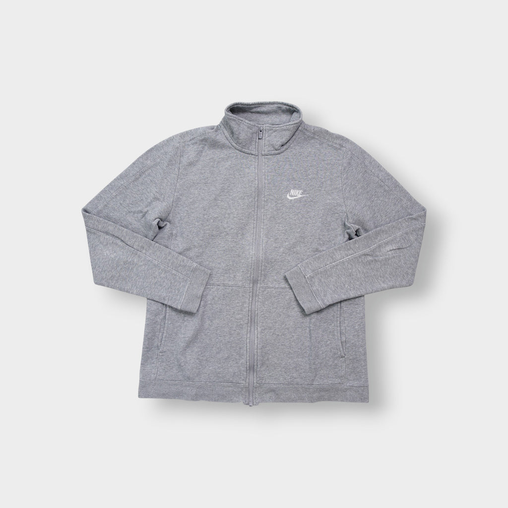 Grey Nike full-zip jacket featuring an embroidered white logo on the chest.