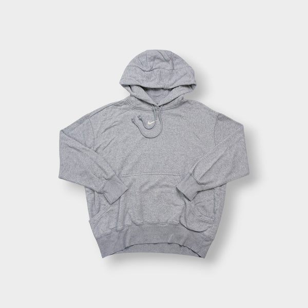 Nike hoodie in grey featuring a small white embroidered Swoosh on the center chest