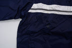 Nike navy jacket featuring a white chest stripe, hooded half-zip, and small embroidered swoosh, detail 2