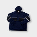 Nike jacket in dark blue and black with hood and white contrast stripes across the chest