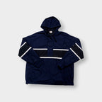 Nike jacket in dark blue and black with hood and white contrast stripes across the chest