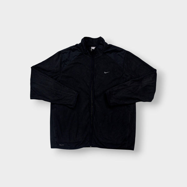 Nike fleece jacket in black with embroidered swoosh on the chest and NikeFIT hem embroidery