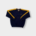 Nike navy and yellow V-neck sweater with yellow sleeve stripes and embroidered swoosh