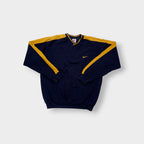 Nike navy and yellow V-neck sweater with yellow sleeve stripes and embroidered swoosh