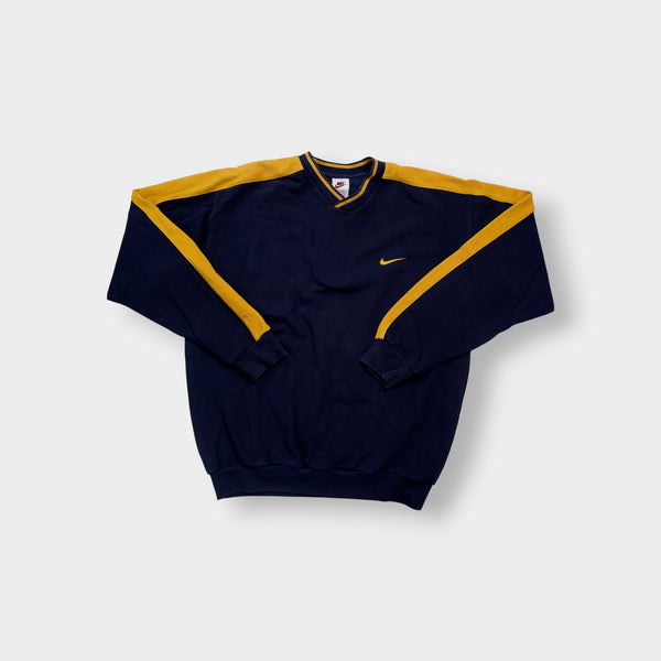 Nike navy and yellow V-neck sweater with yellow sleeve stripes and embroidered swoosh
