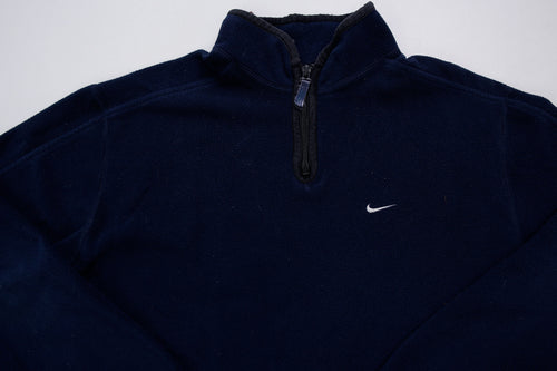 Nike fleece sweater in navy with a half-zip collar and white embroidered Swoosh, full view