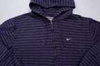 Nike zip jacket in purple and grey stripes featuring an embroidered white Swoosh logo, full view