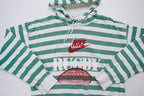 Nike green and white striped hooded sweater with a red rugby print on the chest, full view