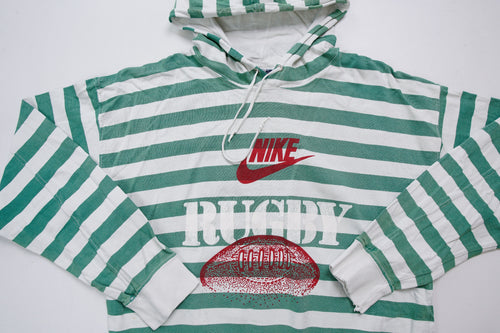 Nike green and white striped hooded sweater with a red rugby print on the chest, full view