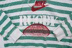 Nike green and white striped hooded sweater with a red rugby print on the chest, detail