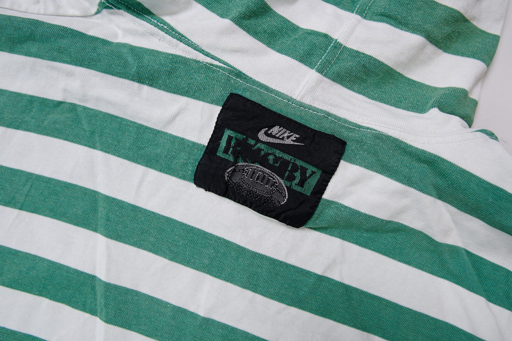 Nike green and white striped hooded sweater with a red rugby print on the chest, detail 2