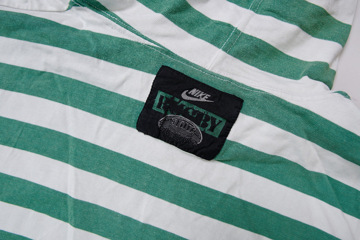 Nike green and white striped hooded sweater with a red rugby print on the chest, detail 2